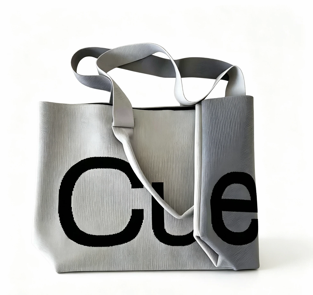 Gradient Grey Knitted Tote Bag, Big Letter Print Large Shoulder Handbag
